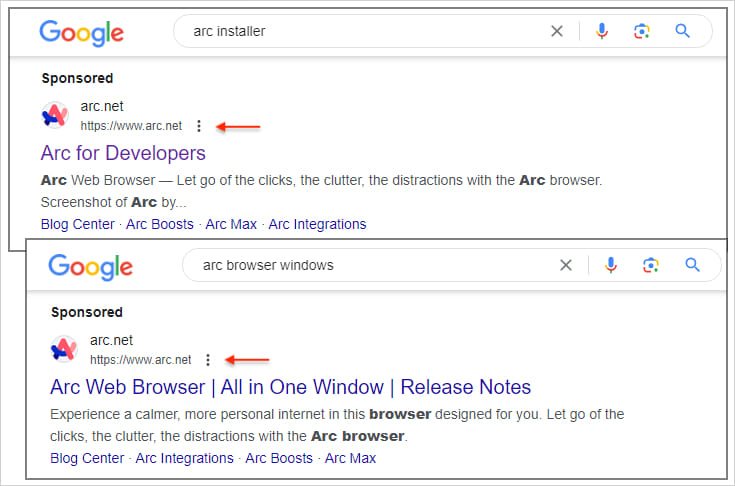 Malicious Arc ads on Google Search