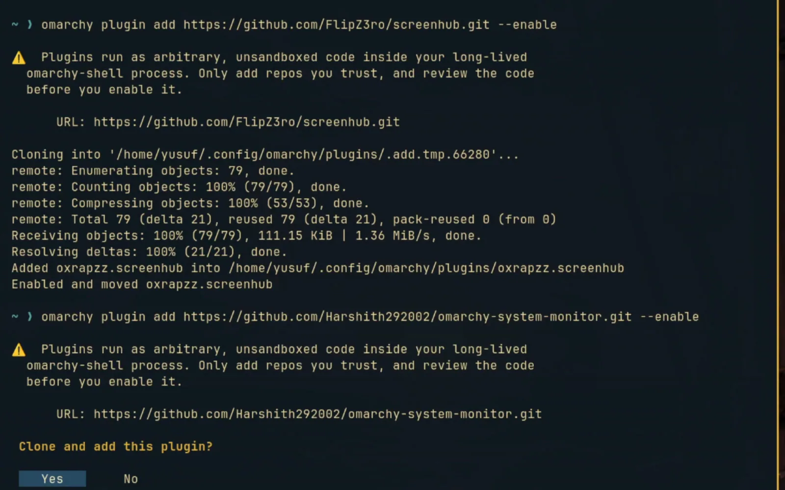 Omarchy her plugin kurulumunda bu uyarıyı gösteriyor.