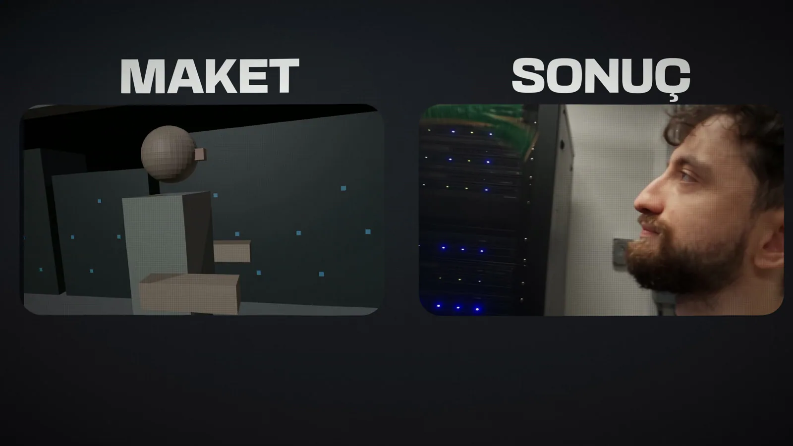 Solda Blender maketi, sağda Seedance'in aynı kamera yolundan çıkardığı sahne.