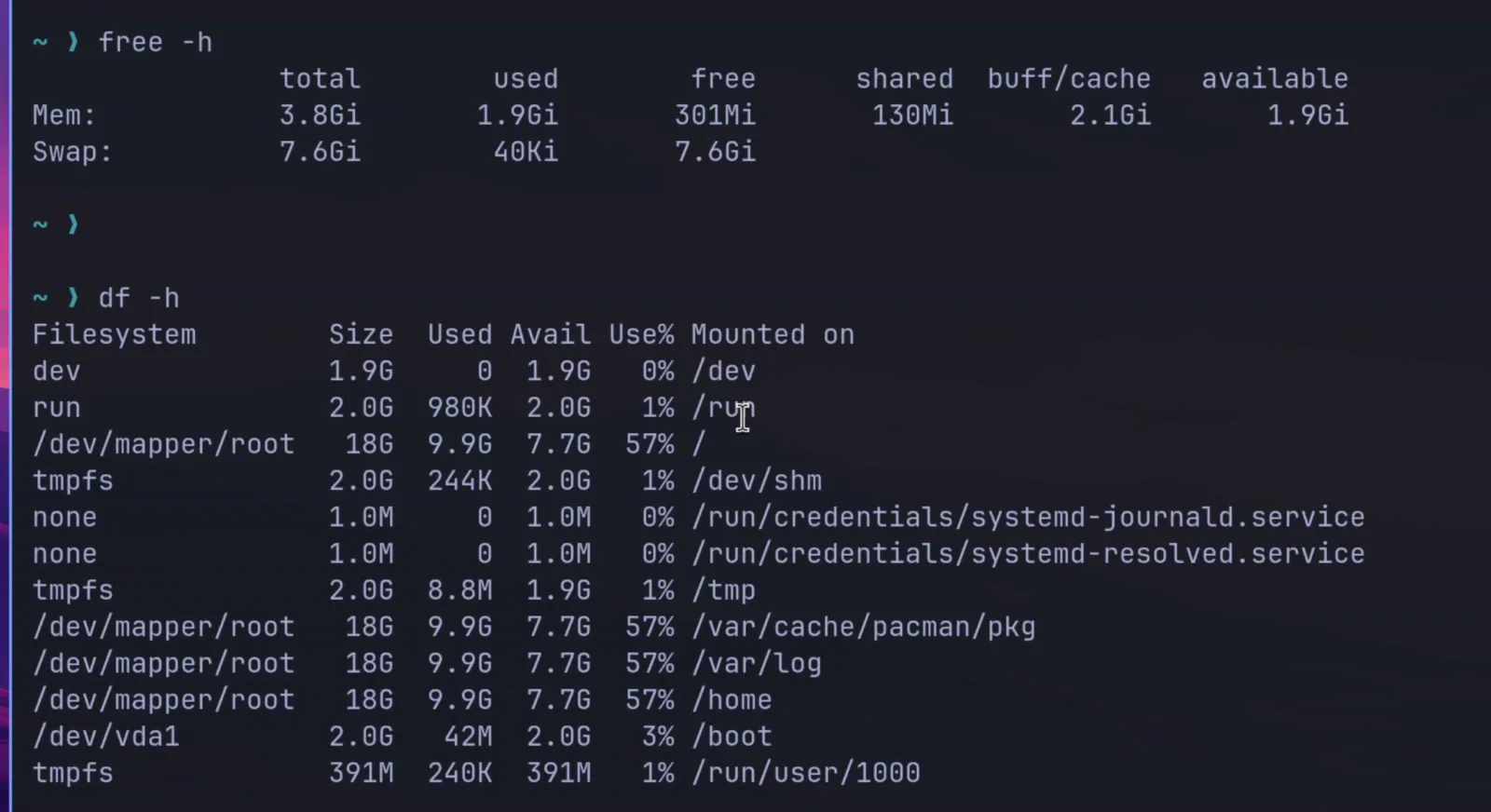 Boş bir kurulumda free -h ve df -h çıktısı. Sanal makine, 4 GB RAM ve 18 GB disk.