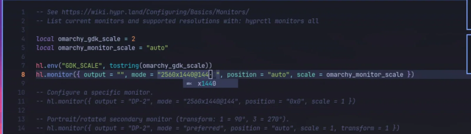 ~/.config/hypr/monitors.lua dosyasında değiştirdiğim satır.