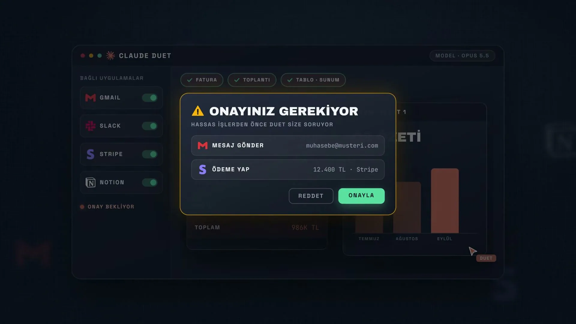 Mesaj göndermek ya da ödeme yapmak gibi işlerde Duet önce onayınızı istiyor. Temsili arayüz.