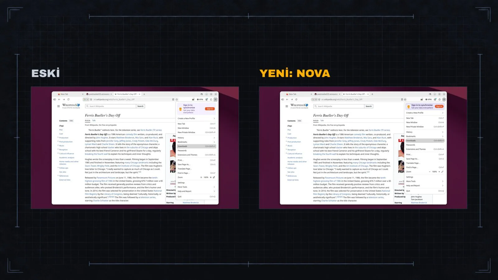 Solda eski Firefox, sağda Nova.