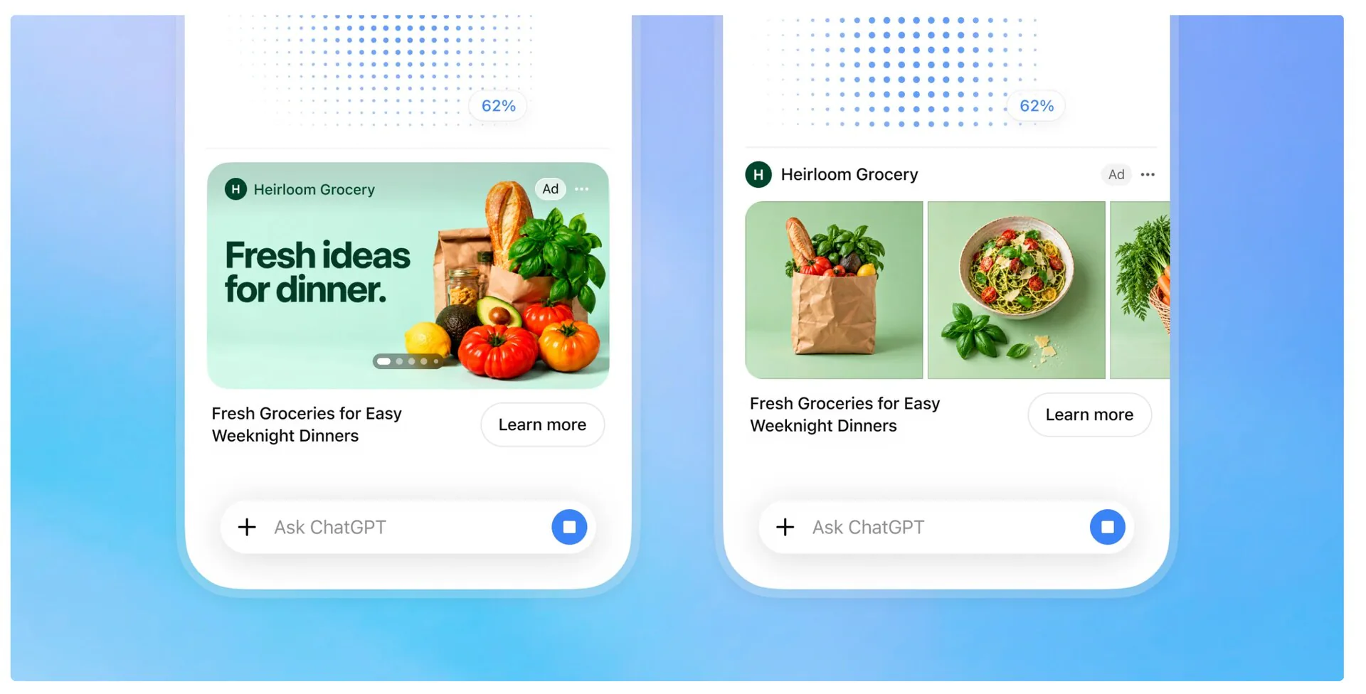 OpenAI'ın tanıttığı görsel reklam formatı. Reklam, sohbet kutusunun hemen üstünde bir kart olarak çıkıyor.