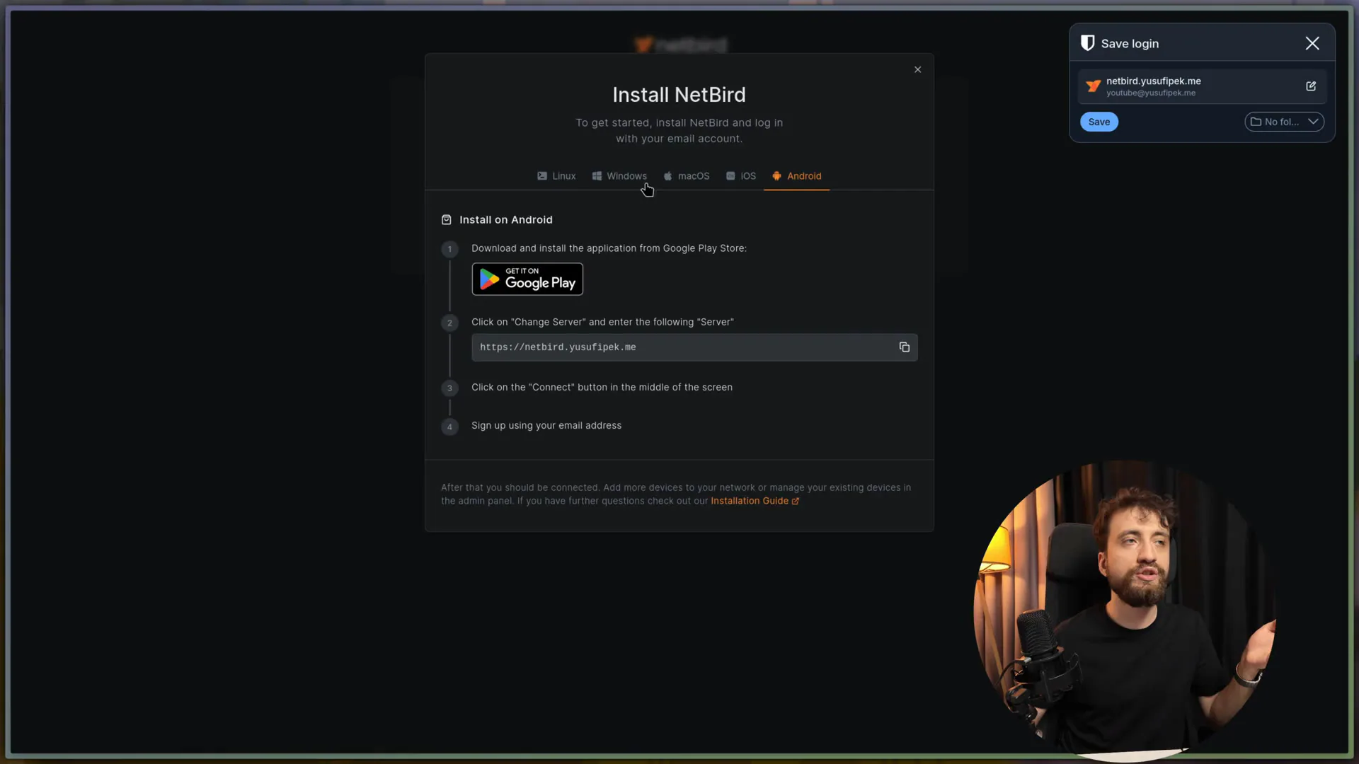 Install NetBird ekranında her işletim sistemi için ayrı adımlar var.