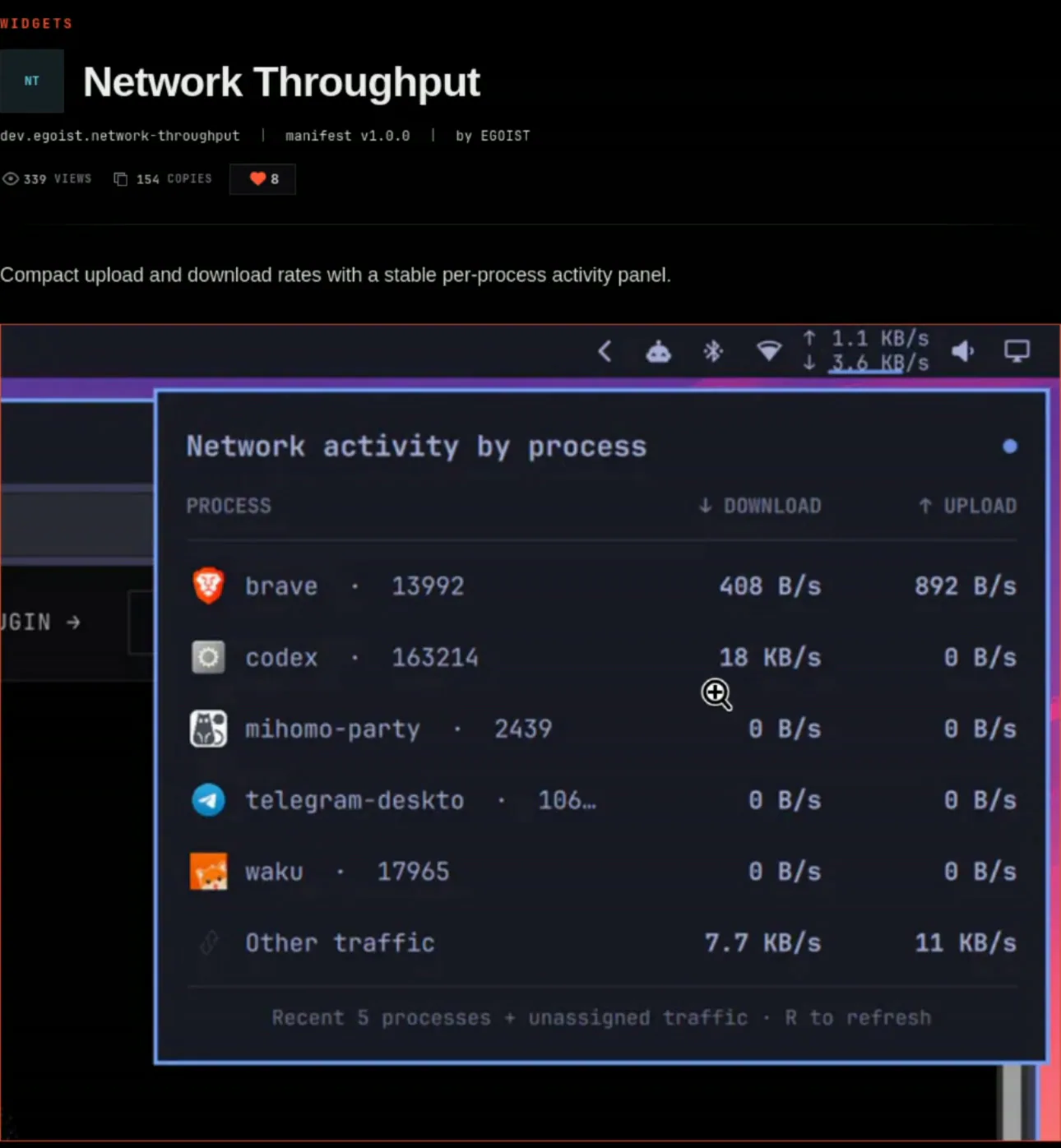 Network Throughput, uygulama başına indirme ve yükleme hızı.