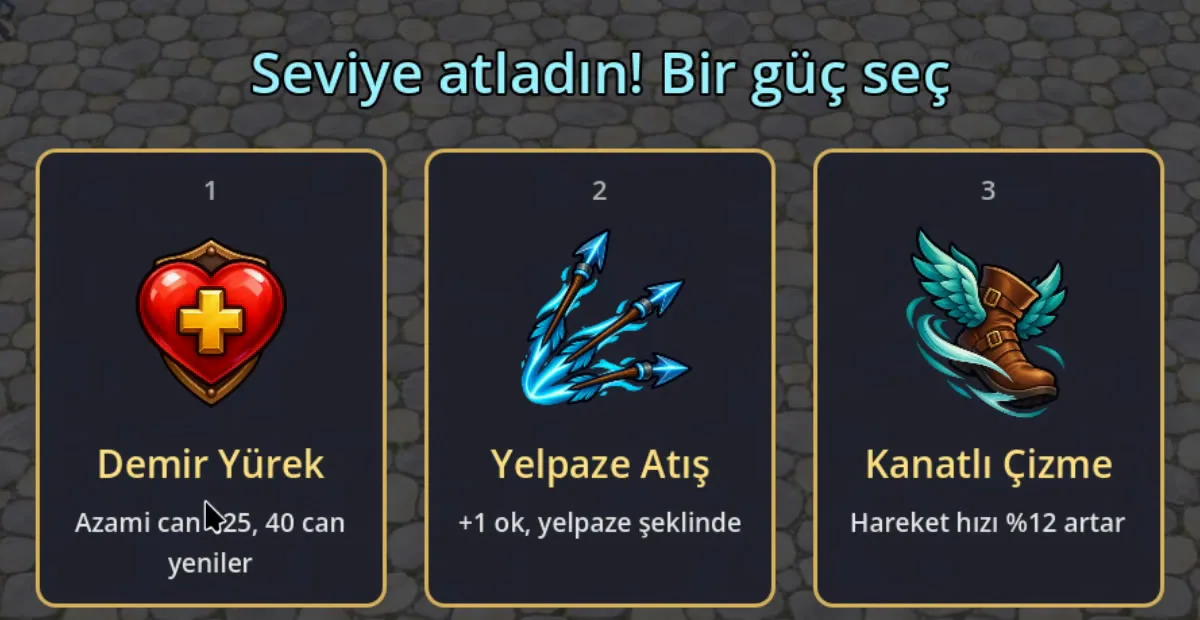 Seviye atlayınca gelen üç kart. İkonlar şeffaf arka planla üretildi.