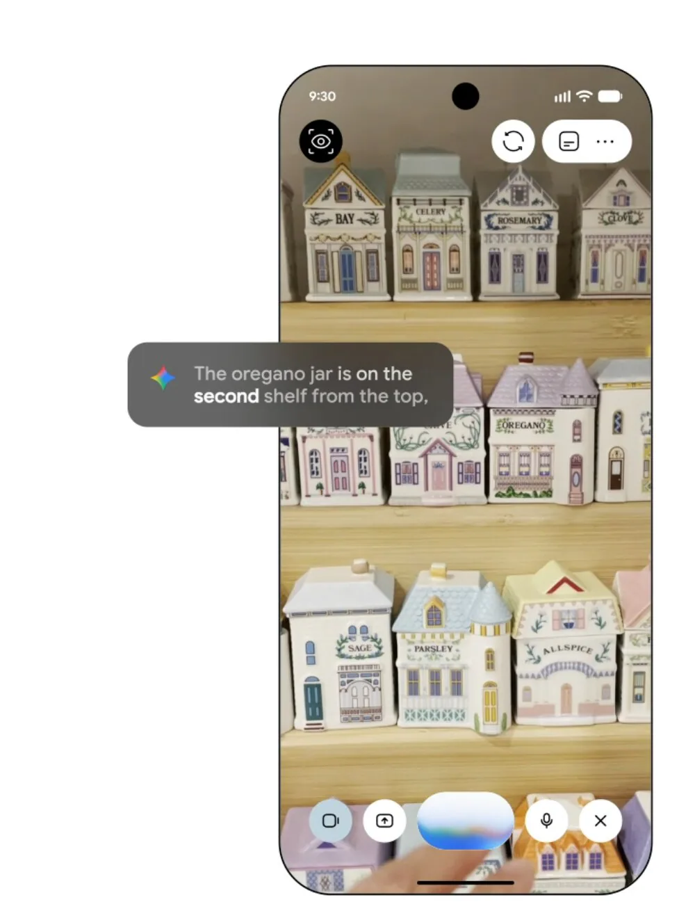 Google'ın görselinde Gemini, kameradaki rafa bakıp kekik kavanozunun yukarıdan ikinci rafta olduğunu söylüyor.
