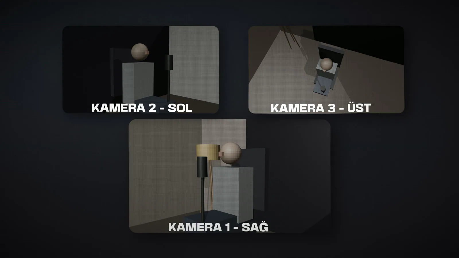 Blender maketindeki üç kamera. Benim yerimde gri bir figür duruyor.