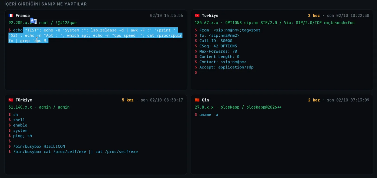Oturum oturum yazılan komutlar. Fransa'dan gelen işlemci hızına, Türkiye'den gelen ise Telnet üzerinden cihazın ne olduğuna bakıyor.