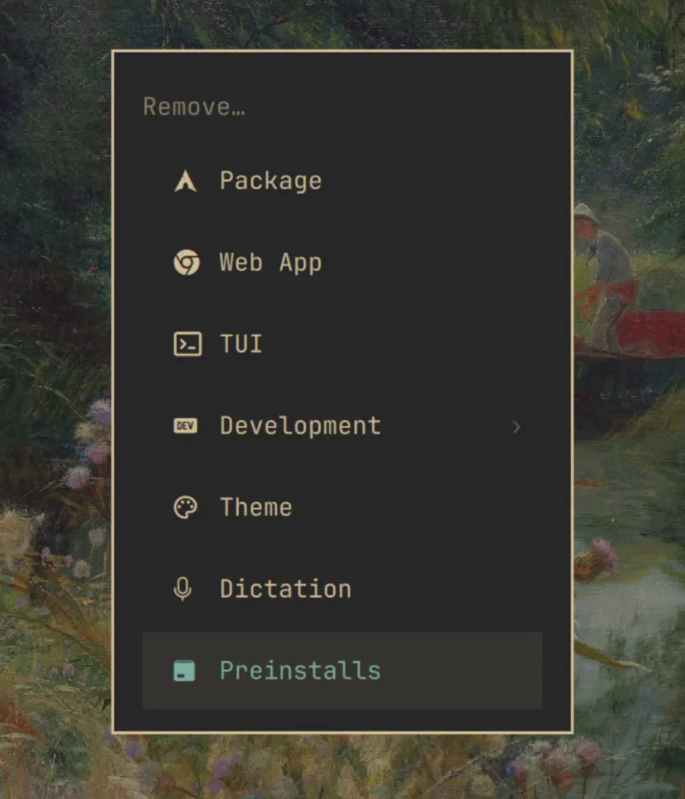 Remove menüsü. Preinstalls, hazır gelen her şeyi tek seferde siliyor.